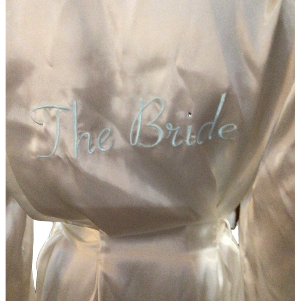 White Satin “Bride” Baby Blue Lettering & Lace Sz L NWOT